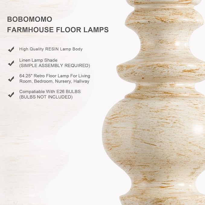 BOBOMOMO 64.25" Farmhouse Floor Lamp with Remote, Dimmable Floor Lamp with Adjustable Color Temperatures, Antique White Floor Lamp with Gold Accents for Living Room Corner, Bedroom, 9W Bulb Included