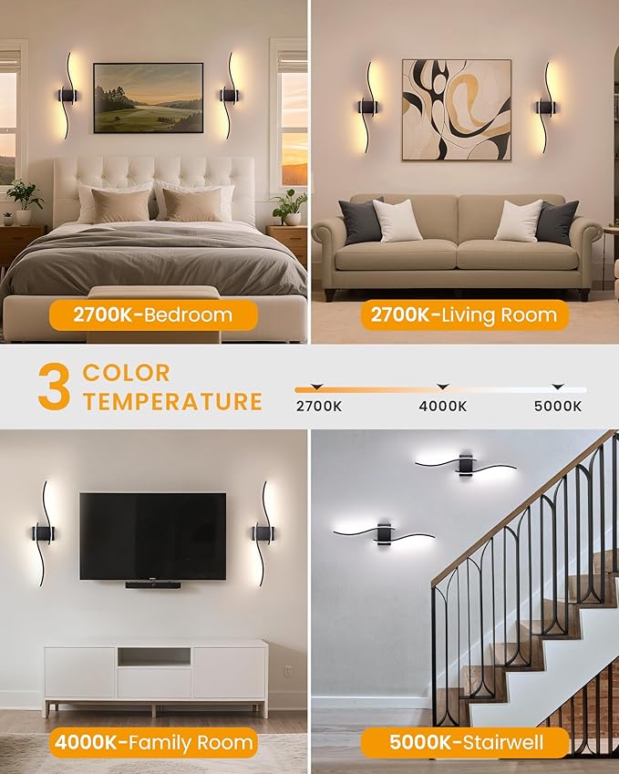 NIORSUN 27.6 Inch Battery Operated Wall Sconce Set of 2, Black Modern Rechargeable Wall Lights with Remote, 3CCT Dimmable Wireless Wall Lamp for Living Room Bedroom Hallway
