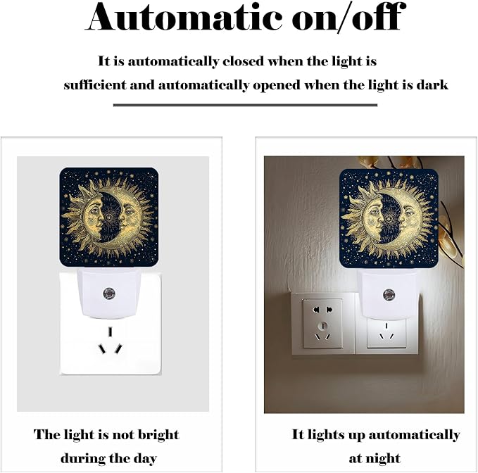 Celestial Moon Golden Sun Night Light,Chic Stars Plug Into Wall for Boys Girls Bedroom Decorative Square Night Light Lamp 0.5w Sleep Friendly