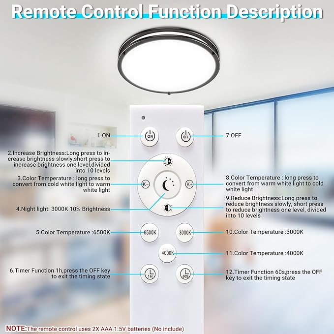 libtit 10Inch Flush Mount Ceiling Lights with Remote, 18W Dimmable LED Ceiling Light with Nightlight and Timer, 3000K-6500K Adjustable Black Light Fixture for Closet Kitchen Hallway Bathroom-2Pack