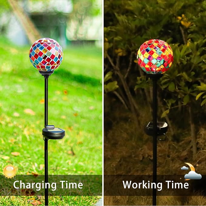 VCUTEKA Decorative Solar Garden Lights, 3.5" Mosaic Globe Outdoor Stake | Mosaic Glass Globe Design, Solar LED Light, Waterproof Design, Auto On/Off and Metal Stake Design for Lawn and Patio