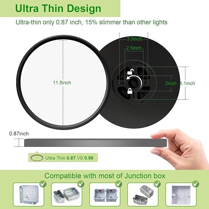 Hunhun 2 Pack 3200lm LED Flush Mount Ceiling Light 28W 12 Inch 5CCT Adjustable Super Slim 0.87 inch Round Ceiling Lamp for Bedroom, Living Room, Kitchen, Laundry - Black