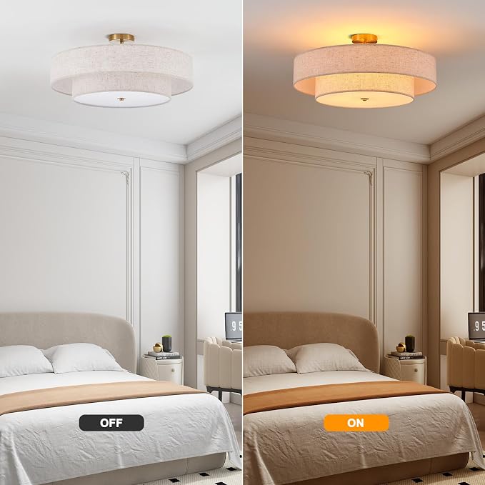 25.6" Large Gold Semi Flush Mount Ceiling Light，5-Light Linen Shade | Modern Fabric Drum Ceiling Light Fixture，E26 Base for Living Room ,Bedroom ,Kitchen ,Dining Room ,Hallway,closet,laundry room