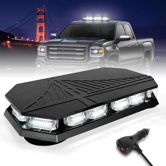 HLauto 406D Rooftop Emergency Strobe Lights Bar, 102 LED White Mini Beacon Safety Flashing Warning Traffic Lights Bar w/Magnetic Base for 12-24V Trucks, Construction Vehicles, Snowplow, Cars