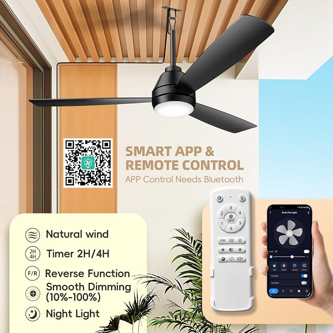 PBLALA 52" Outdoor Ceiling Fans with Lights,Plug in Ceiling Fan Light,Gazebo Fan Light,Hanging with Hook,50W,3CCT,App&Remote Control,6-Speeds,DC Motor,Portable Fan for Patios,Pergola