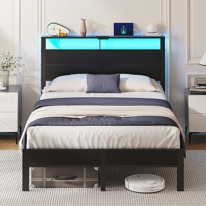 Full Size Metal Bed Frame with Storage Headboard, LED Lights | USB Charging Station, Metal Platform Bed with Sturdy Slats,Noise Free,No Box Spring Needed, Easy Assembly