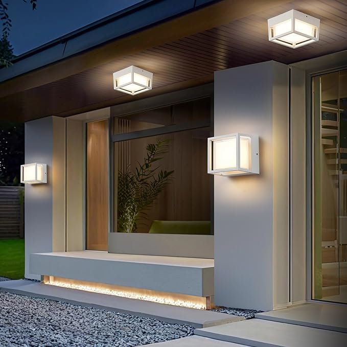 Small Outdoor Flush Mount LED Ceiling Light Exterior Porch Light Ceiling Mounted for Patio Balcony Terrace, 3000K Warm, 125w Equivalent, White, 6.3”x6.3”x4.3”
