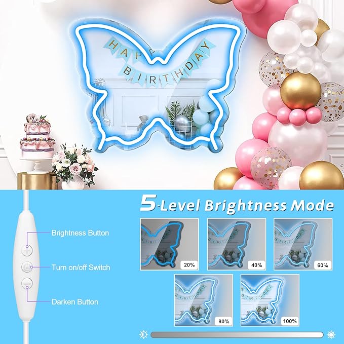 Butterfly Neon Sign Mirror, LED Neon Sign for Wall Decor, 15.7'' x 12'' Dimmable Neon Light for Teen Girls & Kids Birthday Party Gift, Neon Signs for Girl Room Decor, Wall Mirror, USB Powered (Ice Blue)