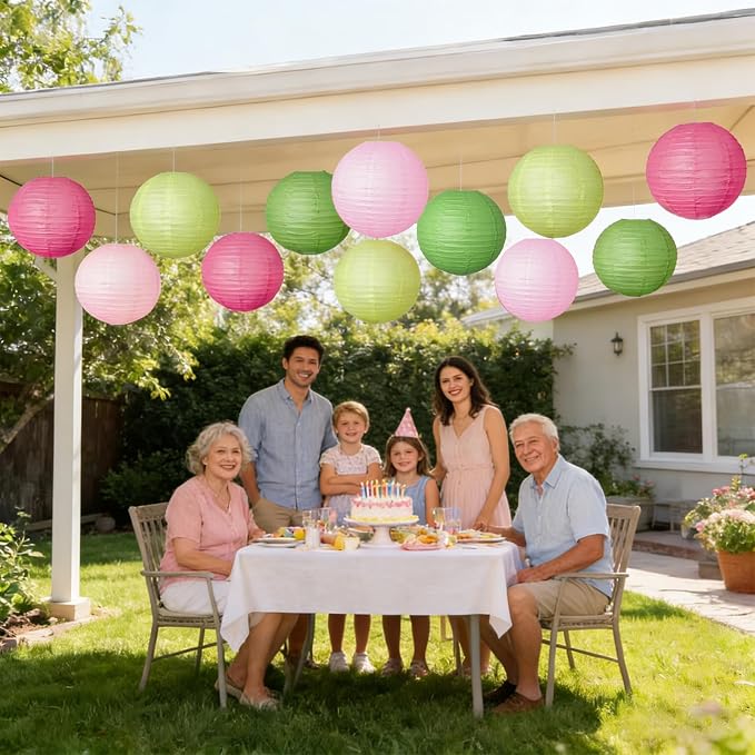 12 Pcs Paper Lanterns Party Decorations Pink Green Round Hanging Paper Lanterns Assorted Sizes Paper Lanterns for Birthday Baby Shower Wedding Bridal Shower Hawaiian Luau Jungle Theme Party Decoration
