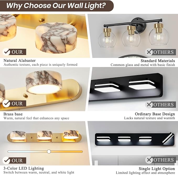 Natural Alabaster Bathroom Vanity Light, 3-Light Adjustable LED Bathroom Light Fixture with Gold Metal Base, 180° Rotatable Marble Wall Sconce for Bathroom Over Mirror, Hallway