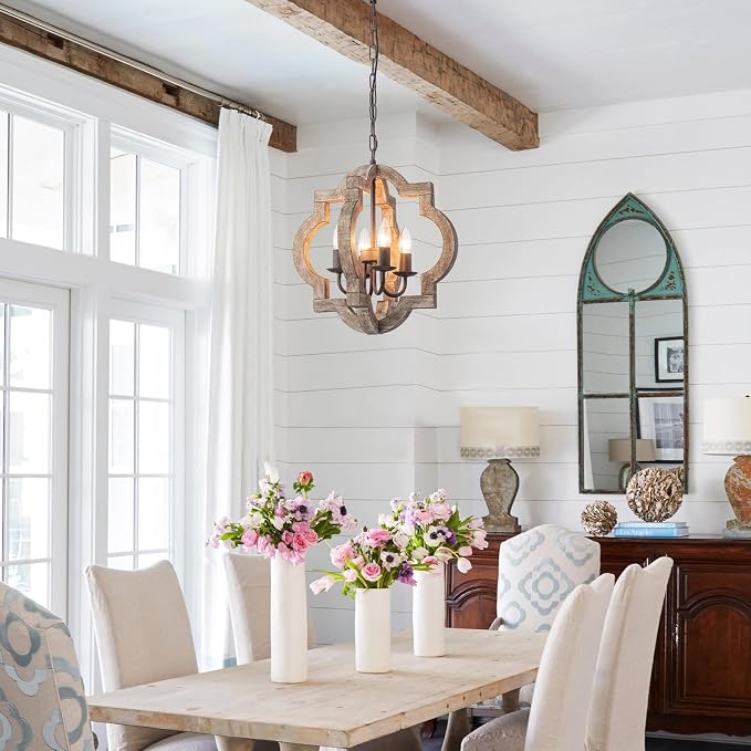 16" Farmhouse Chandelier Orb Distressed Wood Oak Dining Room Light Fixture | Rustic Country Style, Rust-Brown Finish, 4-Light Hanging Pendant Light For Foyer Entryway Kitchen Island Bedroom Over Table