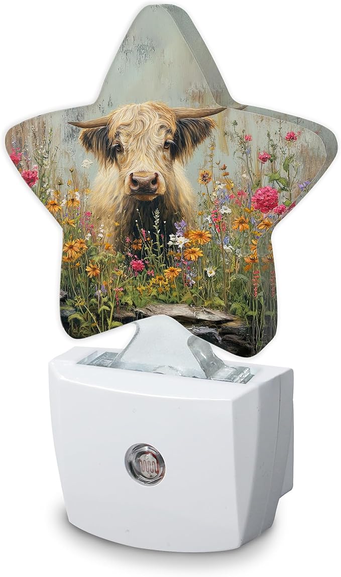 Highland Cows Night Light,Flower Plug-in Night Light Auto Dusk-to-Dawn Sensor Energy Efficient Led Lamp for Room Decor,Hallway,Kitchen,Bathroom,Plug-in,Decor Desk Lamp Gifts