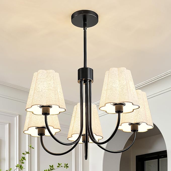 RUIYEY Modern Dining Room Chandelier - 23" 5-Light Gold Farmhouse Chandeliers with White Fabric Shades, Adjustable Hanging Dining Room Light Fixture, E12 Hardwired Ceiling Light for Kitchen Island