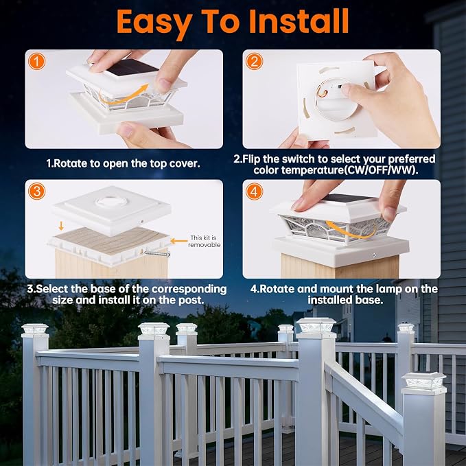 4x4 3.5x3.5 Solar Post Cap Lights 8-Pack White | 2 Modes (Warm/Cool White), 16LEDs, for Wooden/Vinyl Posts, IP65 Waterproof, Outdoor, for Fence, Deck, Patio, Yard, Porch