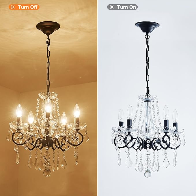Crystal Chandelier, 5-Light Chandelier for Dining Room Light Fixture, K9 Crystal Pendant Ceiling Light Fixture, Modern Candle Chandelier for Living Room Kitchen Island Entryway Bedroom (Black)