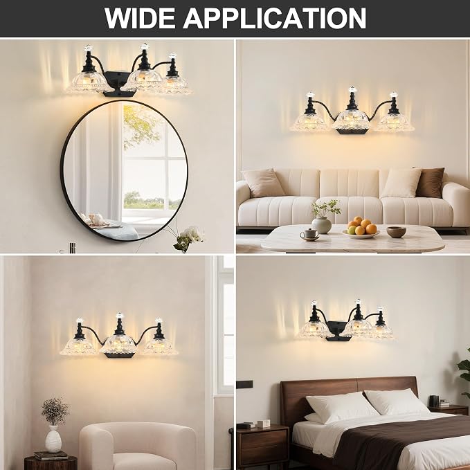 Vintage Bathroom Light Fixtures, 3 Light Black Vanity Lights with Floral Clear Glass Shades, Retro Wall Sconce for Mirror, Powder Room, Bedroom