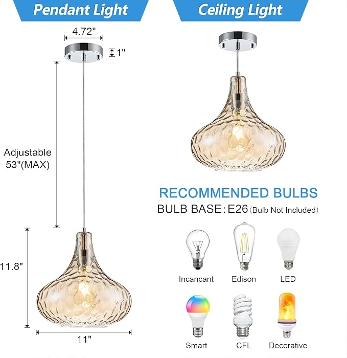 11 Inch Amber Hammered Glass Pendant Light Brushed Nickel Ceiling Lamp | Adjustable height, standard E26 bulb, versatile decor fixture for dining area, kitchen island living room & entry hallway
