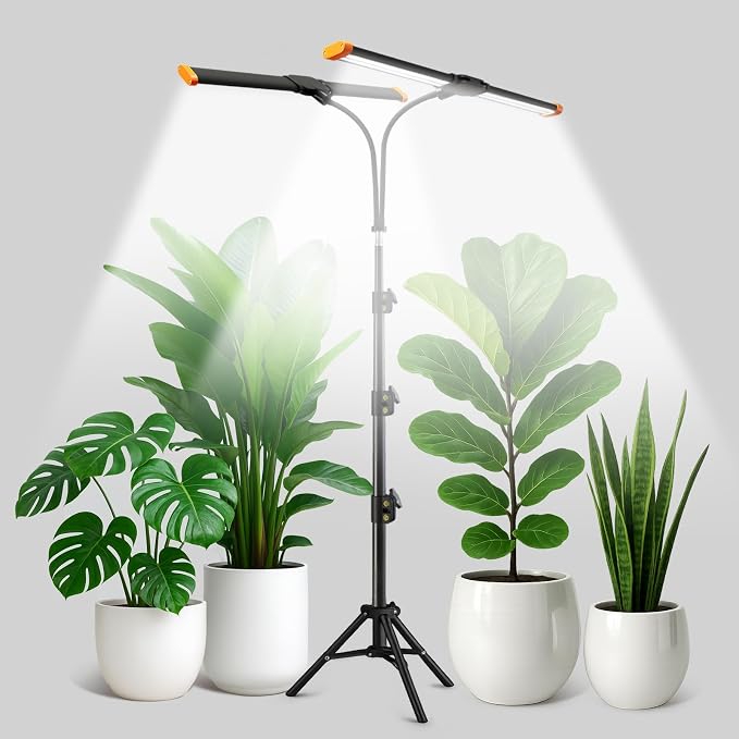 Plant Grow Light with Stand,Super Bright 6000K White Full Spectrum Floor Growing Lamp with Rotatable Dual Light Head & Height Adjustable 17-62" for Indoor Tall Plants, Dimmable & Auto Timer 4/8/12H