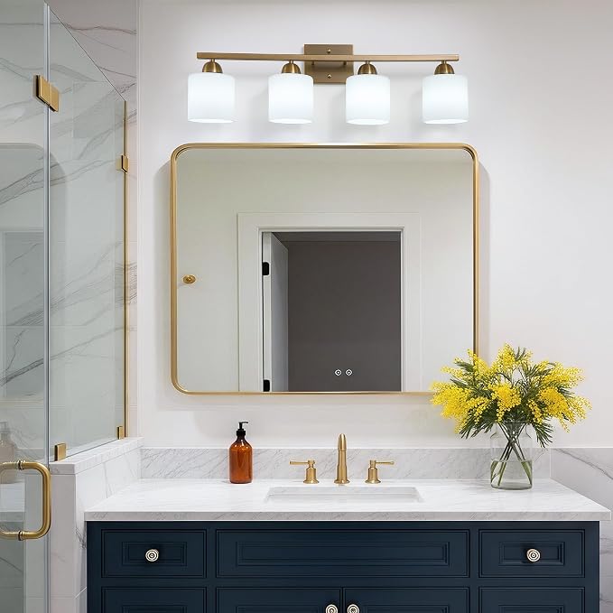 Mecgirn Milk Glass Vanity Lights for Bathroom, 4 Light Brass Bathroom Light Fixtures Over Mirror, Ceramic E26 Sockets Wall Mounted