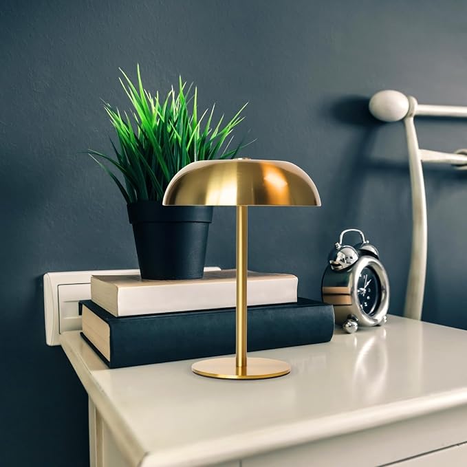 2 Pack Cordless Mushroom Table Lamp, Rechargeable, Dimmable 3 Color, Gold | Small, 8.46in, Portable, Easy to Assemble, Metal Structure, Rechargeable, Suitable for Bedroom, Café, and Bar Counter