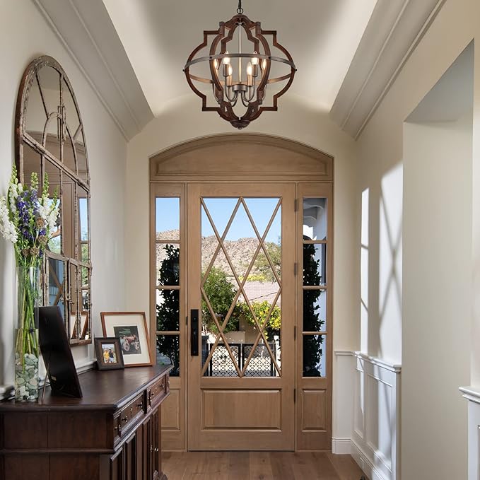 23'' 6-Light Wood Farmhouse Chandelier for Dining Room Vintage Rustic Oak Brown Pendant Light Fixtures Globe Hanging Ceiling Lighting for Hallway Entryway Foyer Kitchen Living Room Bedroom