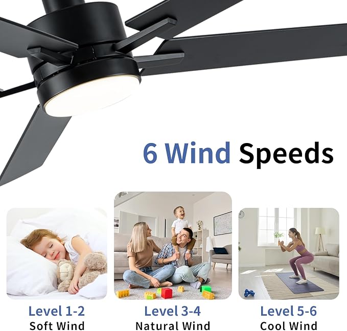 LANMEL Metal Ceiling Fan with Lights and Remote, 52 Inch, Black | Modern Low Profile Flush Mount, Reversible, 3CCT Dimmable, Quiet, LED, For Bedroom, Living Room, Indoor/Outdoor Patio Use
