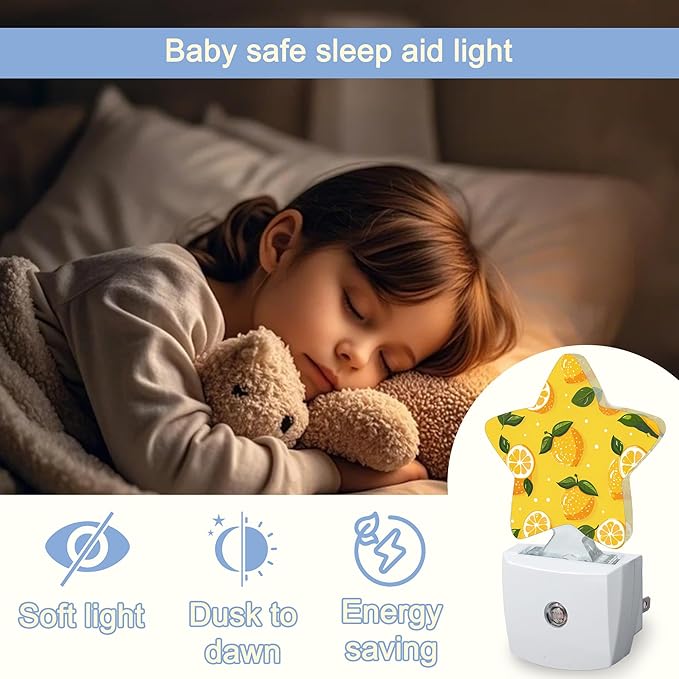 Lemon Leaves Dusk to Dawn Star Night Light,Summer Tropical Fruit Smart Sensor Nightlight for Bedroom Kitchen Hallway Stairs,Plug-in Energy Efficient Decor Desk Lamp Women Men Gifts