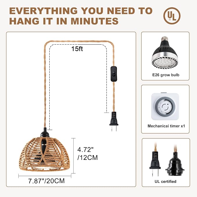 Hanging Grow Light, 30W LED Lamp with Timer for Indoor Plants | 4000K LED plant lamp with 15 ft cord, outlet timer, and boho paper rope shade for succulents, herbs, and low-light rooms.