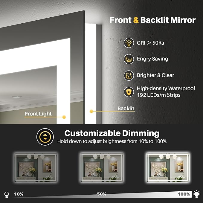 44x36 Inch LED Bathroom Mirror with Lights, Backlit & Front Lit | Anti-fog, 3 Color Dimmable, Memory Function, HD Reflection Tempered Glass, ETL Listed, IP54 Waterproof