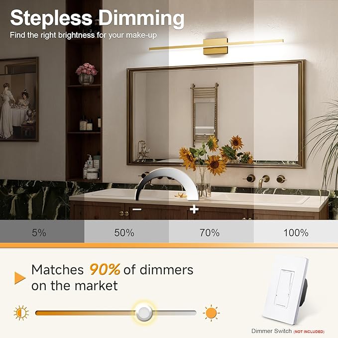 VOLISUN Modern Bathroom Vanity Light 39.4 inch, 24W Dimmable 5CCT Led Bathroom Light Fixture Over Mirror, Brass Bar Vanity Light for Bathrooms Mirror Cabinets Bedroom-ETL Certificated