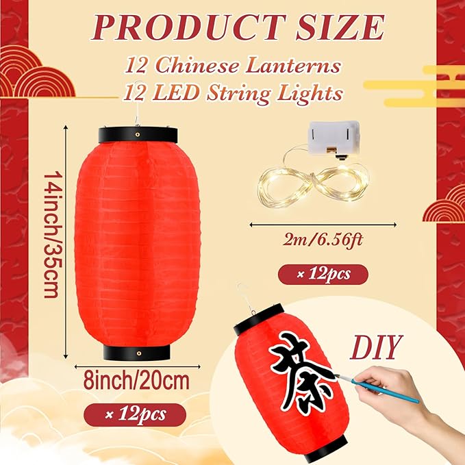 24 Pcs Traditional Japanese Style Red Silk Hanging Lantern Set Including Paper Lanterns Japanese Decorations and Lights for Chinese New Year Luna Festival Party Decoration DIY Crafts