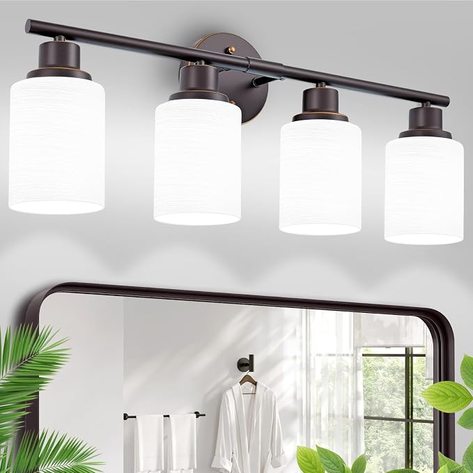 4-Light Bathroom Light Fixtures, E26 Oil-Rubbed Bronze Gold Vanity Lights for Mirror with Textured Milky White Glass Shade, Modern Kitchen Light Fixtures Wall Sconce Light