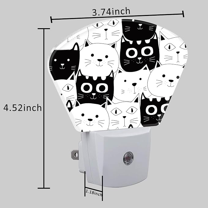 Cute Black and White Cat Night Light for Kids, Doodle Cat LED Night Light Plug into Wall with Dusk to Dawn Sensor for Girls Boys Women Men Room, Hallway, Kitchen, Bathroom, Stairs Decor