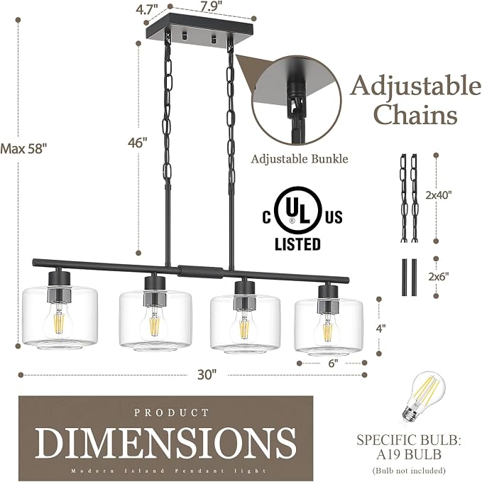 4-Light Kitchen Island Lighting, Modern Black Linear Dining Room Chandelier Light Fixtures with Clear Glass and Chain, Farmhouse Hanging Lights for Kitchen Island Dining Room, OS-YQ8153-4ISBKC