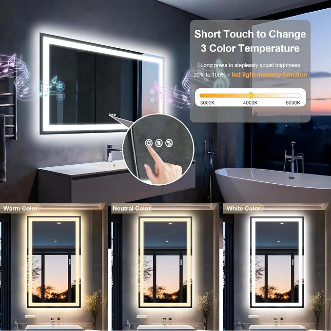 48"x28" LED Bathroom Mirror with Lights,Bluetooth Dual Speaker | Anti-Fog,3 Color Temperature,Dimmable Brightness,Memory Function,Waterproof,Wall Mount Design,Tempered Glass