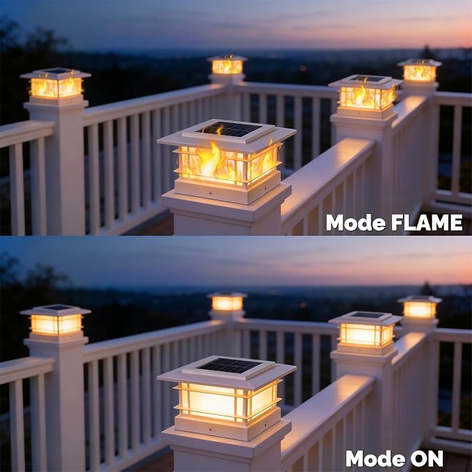 Dynaming 4x4 Solar Post Cap Lights Outdoor with Flickering Flame Light, 12 Pack White Shell Fence Post Solar Lights Fit Vinyl/Wooden Posts, Brightness LED Lighting Decor for Garden Deck Patio