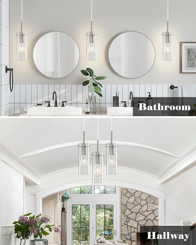 Glass Pendant Lights Kitchen Island 3 Packs, Brushed Nickel Kitchen Pendant Light, Modern Clear Glass Pendant Light Fixture, Hanging Pendant Lights for Kitchen Island Dining Room Hallway