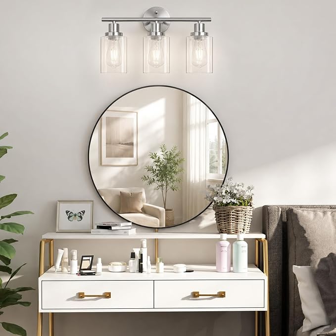 Modern Bathroom Light Fixtures, 3 Light Vanity Lights with E26 Bulbs, Brushed Nickel Wall Lamp with Clear Glass for Mirror Living Room Hallway Cabinet Porch