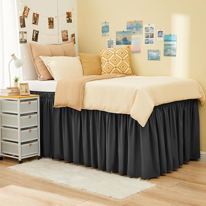 RIMELA Dorm Bed Skirt Twin XL 32 Inch Drop, Easy to Install Extra Long Wrap Around Elastic Dust Ruffle, Dark Grey Bedskirt Solid Silky Fabric Machine Washable (Twin XL 80“L x 39”W & Twin 75“L x 39”W)