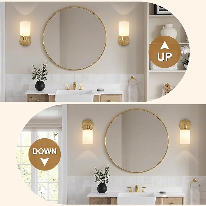 2-Pack, 1-Light Vanity Lights, Brushed Gold Bathroom Light Fixture with Textured Milky White Glass Shade, E26 Modern Vanity Lighting Fixture for Bathroom Wall Sconce