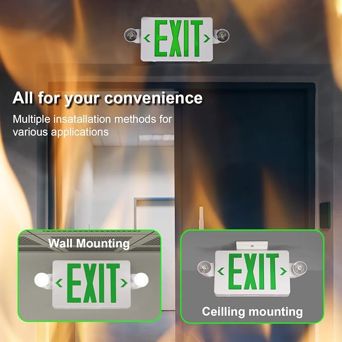 TANLUX Green Exit Sign With Emergency Lights, LED Light With Battery Backup, UL Listed, AC 120/277V, Commercial Combo for Business - 2 Pack
