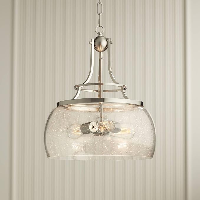 Charleston 16" Wide Satin Nickel 3-Light LED Pendant Light Light Fixture | Chandelier Rustic Farmhouse Seeded Clear Glass for Dining Room House Foyer Entryway Kitchen Bedroom Living