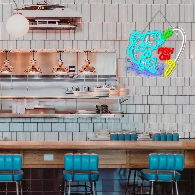Fish On Neon Sign Dimmable Fish Neon Light for Wall Decor LED USB Powered Fishing Hook Lights for Bedroom Living Room Man Cave Yacht Fishing Art Decor fot Teens Boy Men Gifts