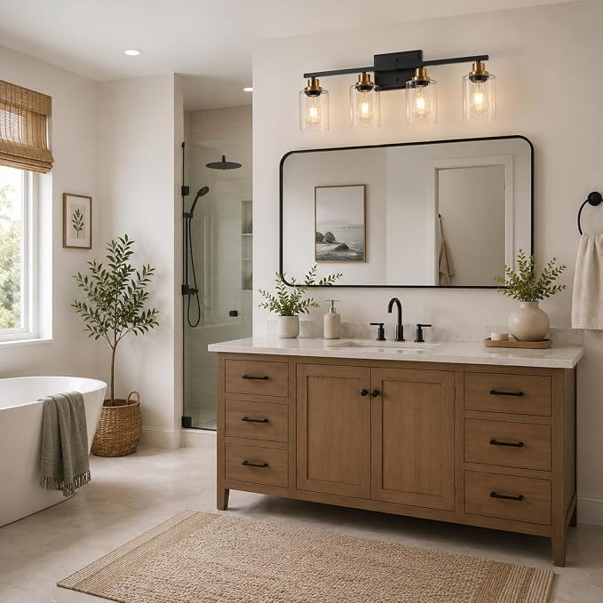 Ascher Bathroom Light Fixtures, 4-Light Vanity Lights with Clear Glass Shade, Modern Black and Gold Wall Light for Mirror Bedroom Hallway Cabinet Porch