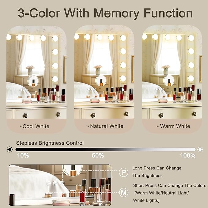 23" x 18" Hollywood Vanity Mirror with Lights, 15 Dimmable Bulbs, 3 Color Lights, Make Up Lighted Mirror, USB Charging Port, Gifts for Women Wife Teengirls