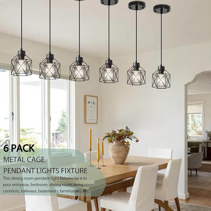 6-Pack Hanging Pendant Light Fixtures, Farmhouse Kitchen Island Light Fixture, Industrial Hanging Pendant Lighting for Dining Room Bedroom Hallway, Black Metal Cage Pendant Lamp, E26 Base