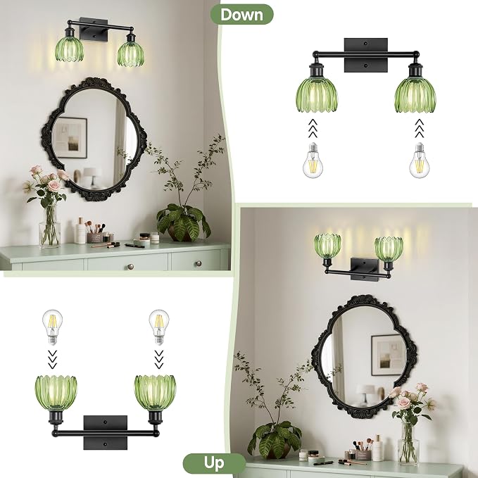 Bathroom Light Fixture,2-Light Vintage Bathroom Sconces Over Mirror, Black Fancy Vanity Lights, Flower Light Fixture with Green Tulip Glass Shade for Bedroom, Living Room, E26 Base