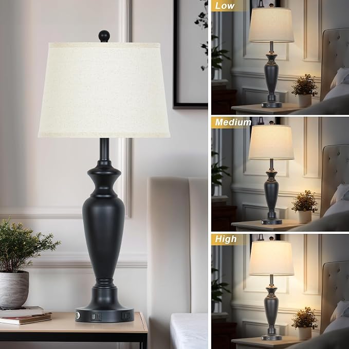 Cinyirong 30" Tall Black Table Lamp, 3-Way Dimmable Touch Control Bedside Lamp with USB A+C & AC Outlet for Bedroom, Living Room (1 Pack)