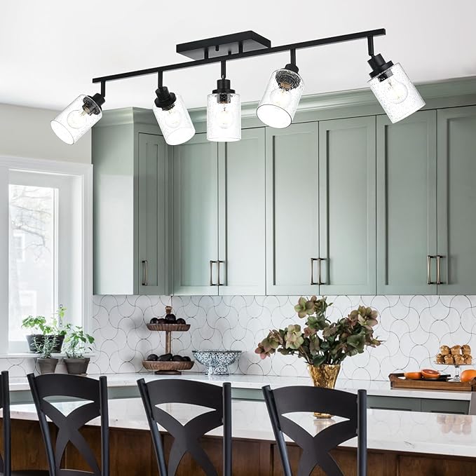 5-Light Black Track Lighting Kit Ceiling Mount Kitchen Track Lighting Fixtures, Bathroom Ceiling Tracking Vanity Light with Bubble Seeded Glass Shade & Rotatable Tracking Heads for Accent Shop