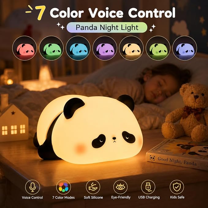 Cute Panda Night Light for Kids, 7-Color Changing Silicone Squishy Lamp, Tap Control USB Rechargeable Portable Night Light for Baby Nursery, Bedroom Desk Decor, Birthday Christmas Gift